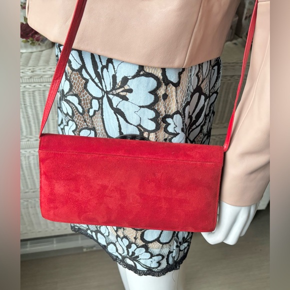 Vintage Italian Leather & Suede Mini Crossbody Bag in Red & Black colors - Picture 2 of 12